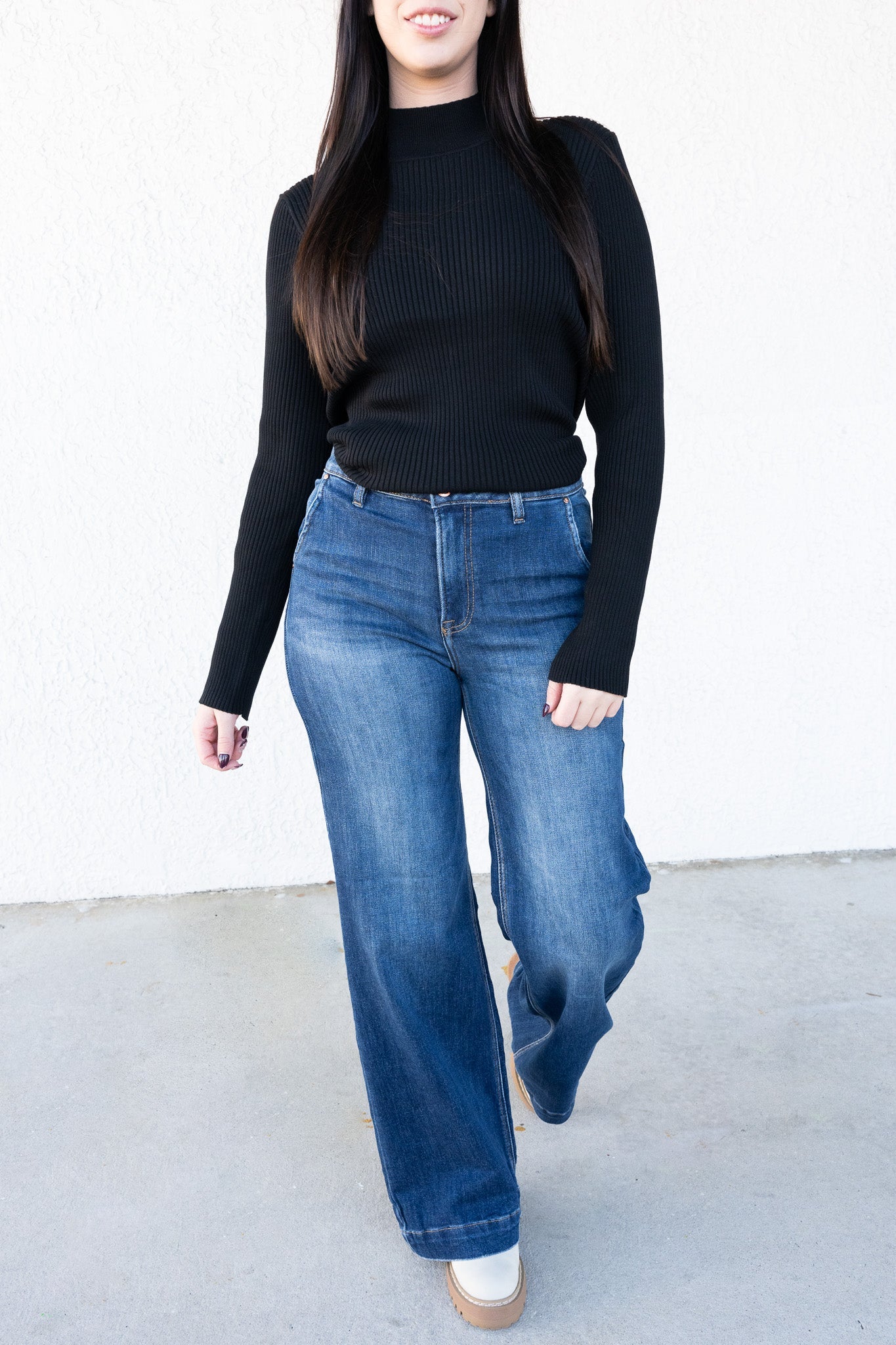 All The Class By Risen High Rise Wide Leg Slanted Pocket Jeans - Dark