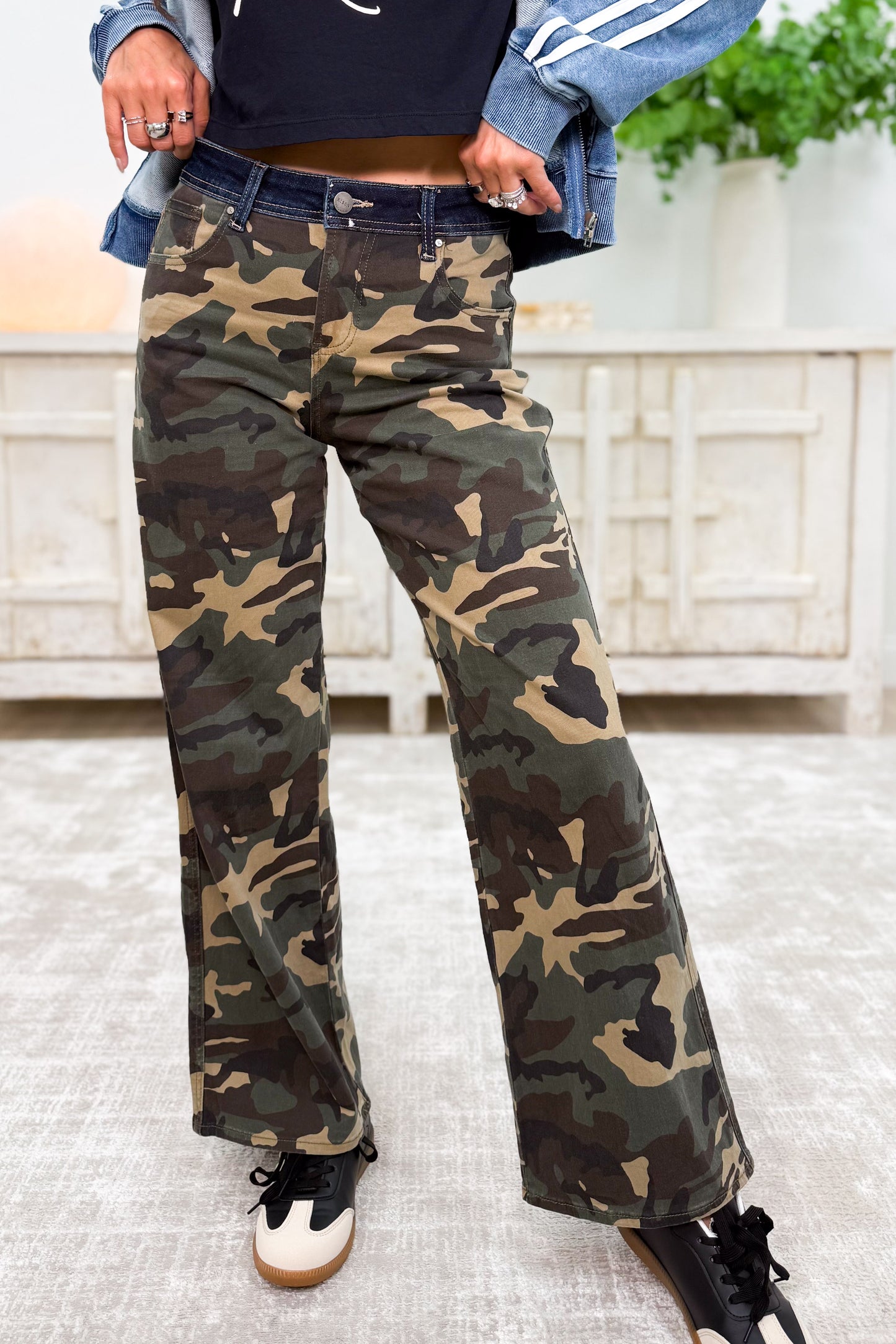 I'm A Survivor - Mid Rise Straight Wide Leg Jeans - Camo