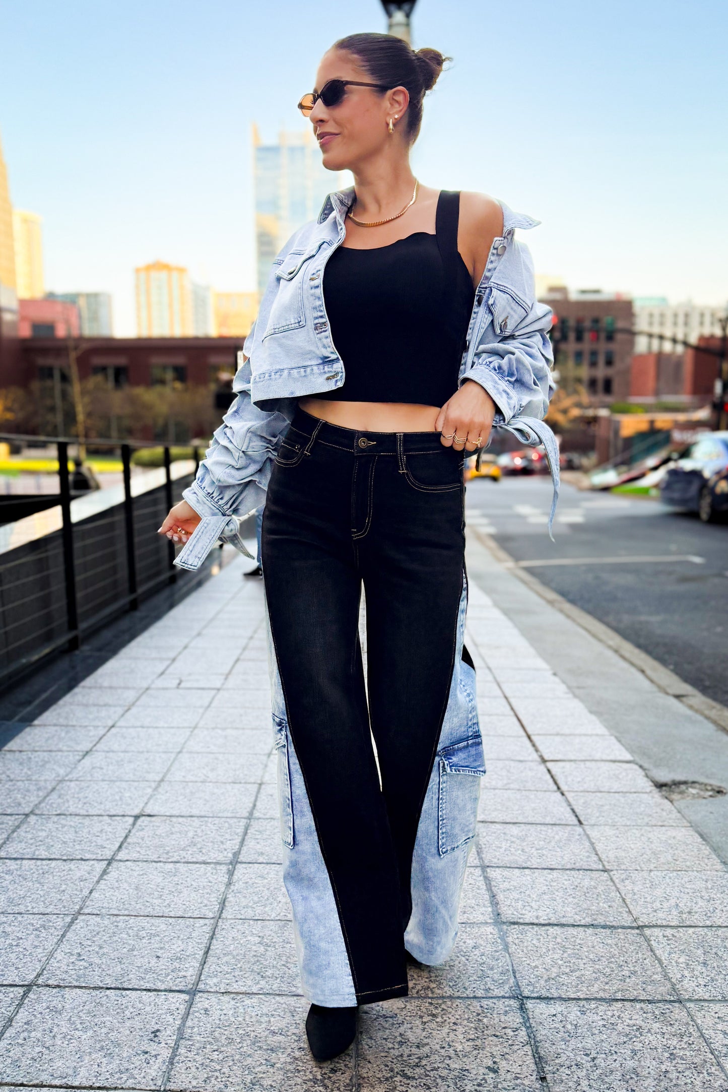 Double Take By BAR Label - High Rise Wide Leg Cargo Jeans - Black Indigo