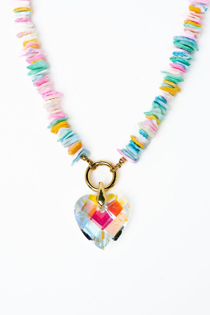 Crystal Heart Necklace - Gold Pink Multi