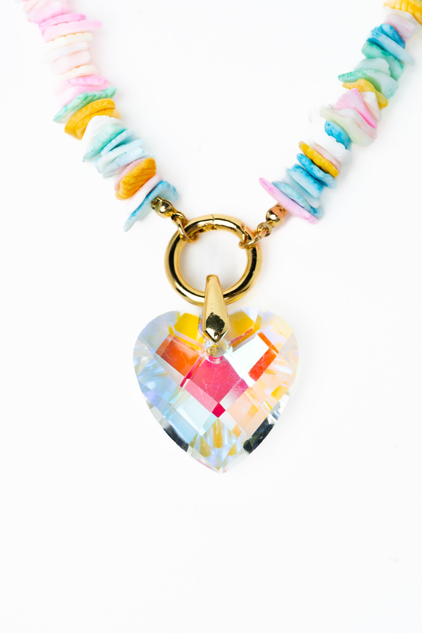 Crystal Heart Necklace - Gold Pink Multi