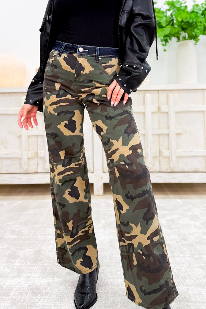 I'm A Survivor - Mid Rise Straight Wide Leg Jeans - Camo