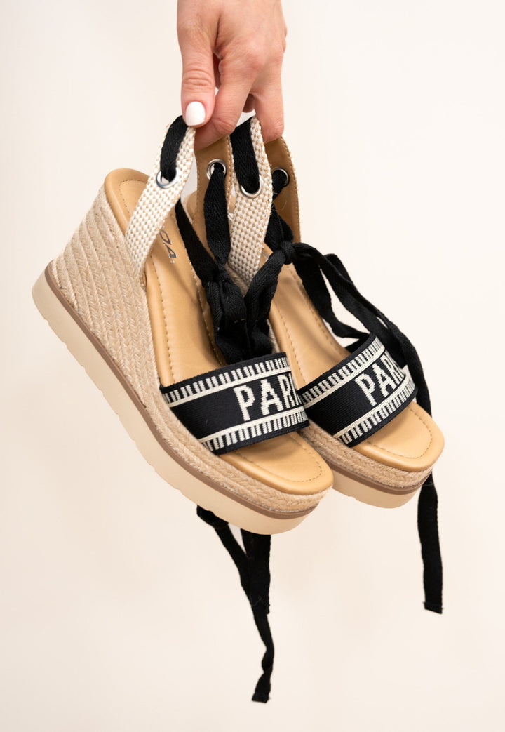 Soda Times City Embroidered Wedge Heel - Black Beige