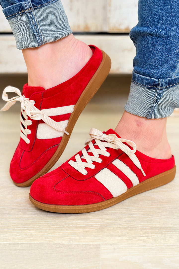 Sandra Fur Stripe Backless Mule Sneakers - Red