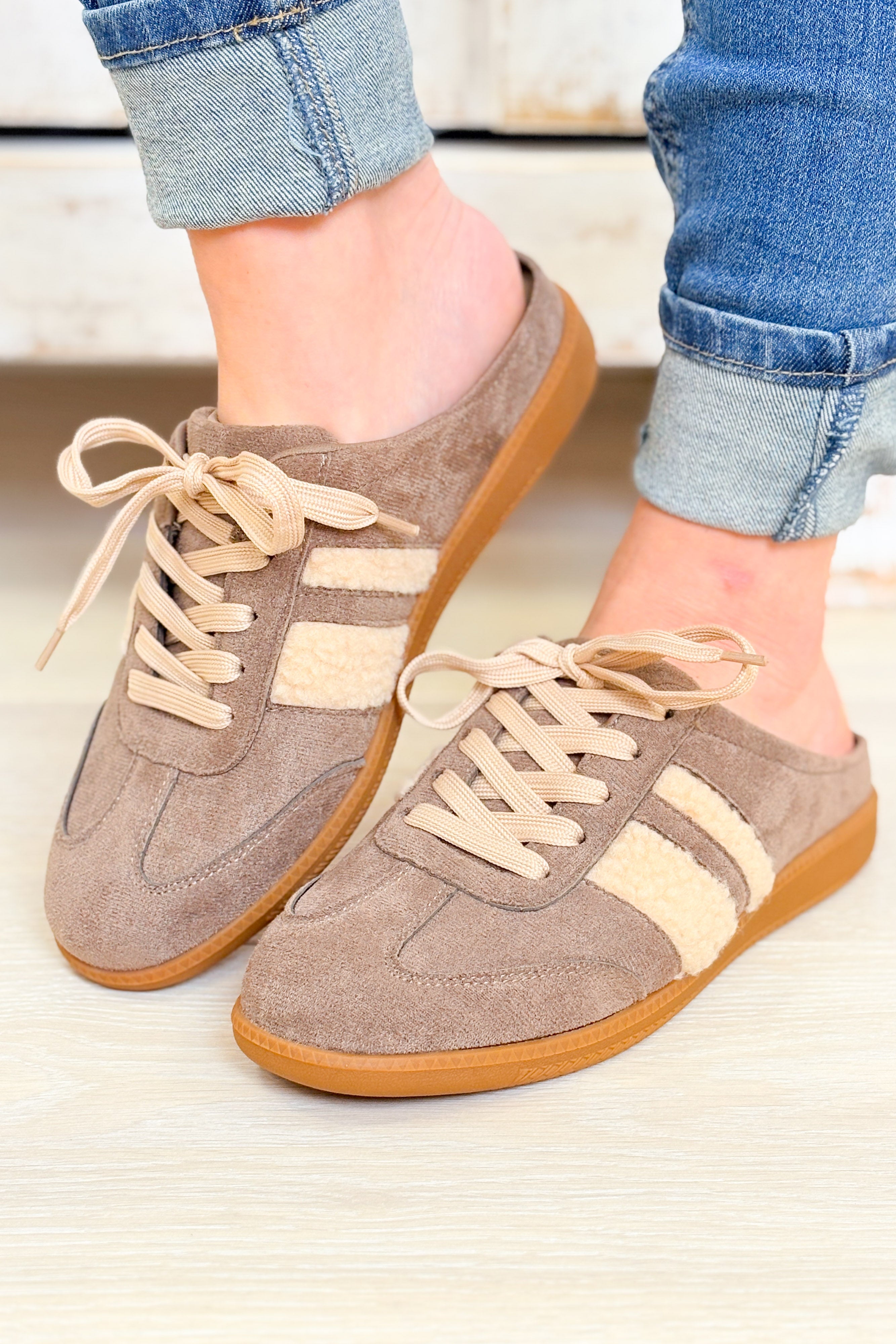 Sandra Fur Stripe Backless Mule Sneakers - Mocha – By Alexa Rae