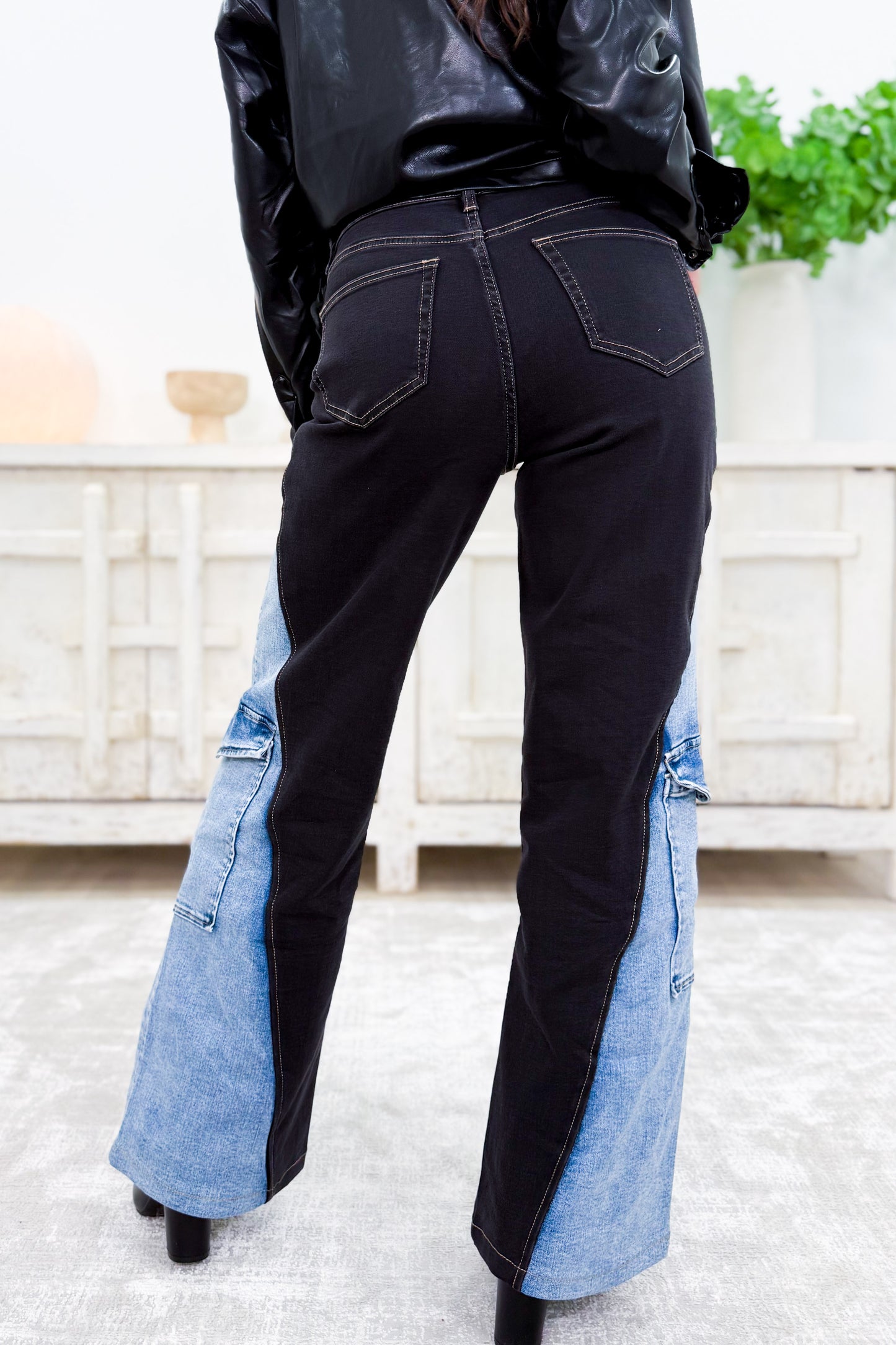 Double Take By BAR Label - High Rise Wide Leg Cargo Jeans - Black Indigo