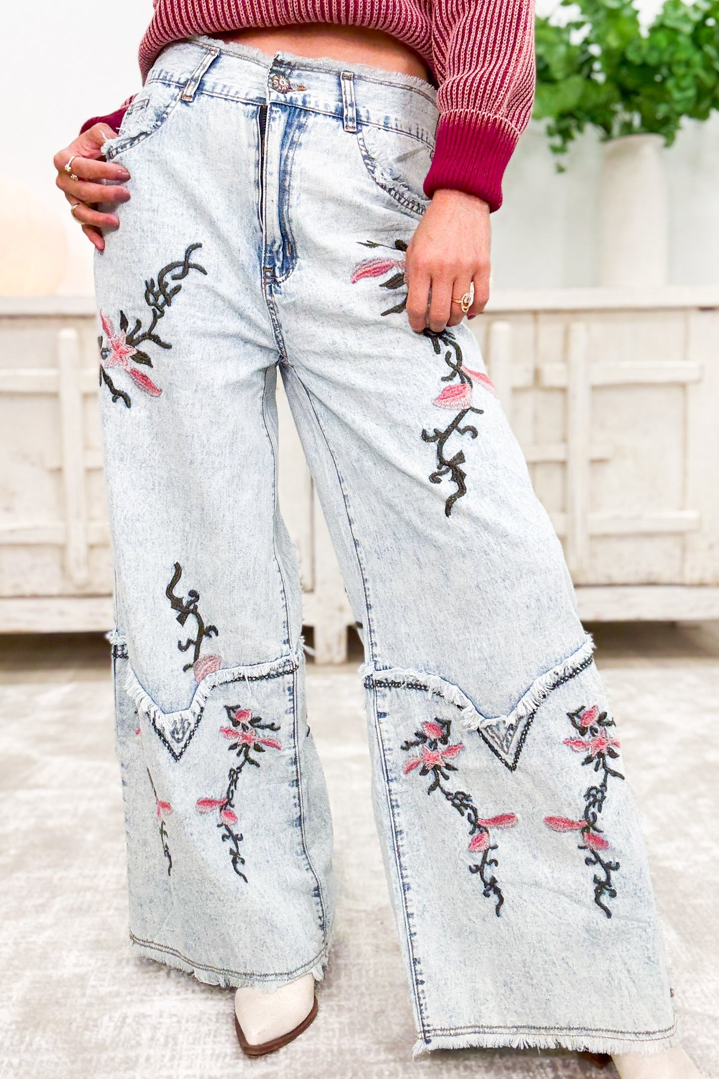 Eden Floral Embroidered Wide Leg Pants