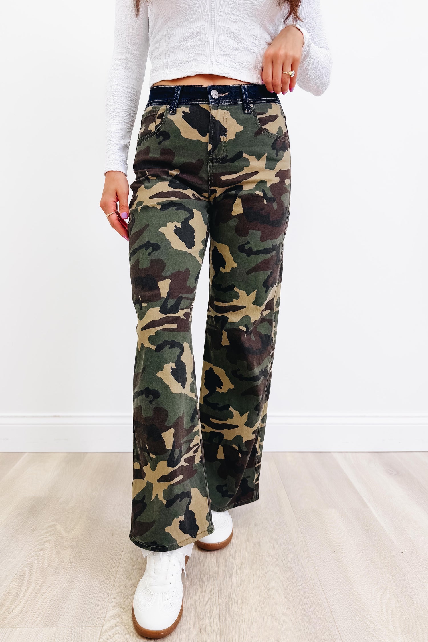 I'm A Survivor - Mid Rise Straight Wide Leg Jeans - Camo