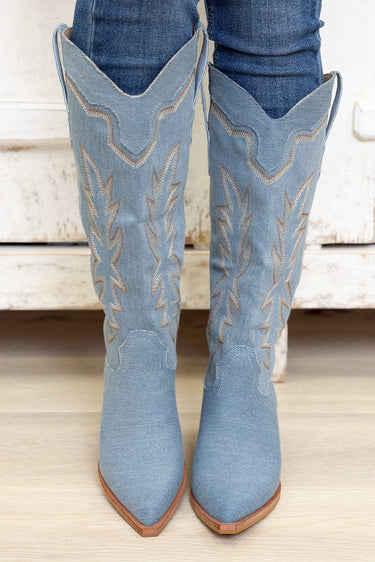 Indigo Knee High Denim Cowgirl Boots - Denim