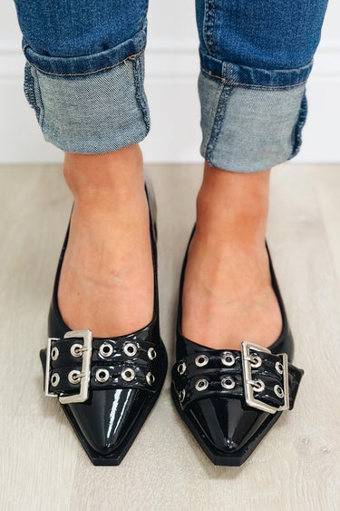 Rivets Pointed Toe Mary Jane Flats - Black