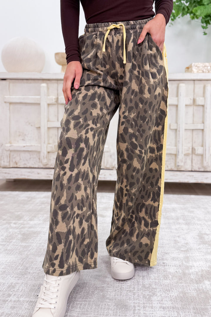 In The Spotlight Leopard Wide Leg Pants - Leopard Olive