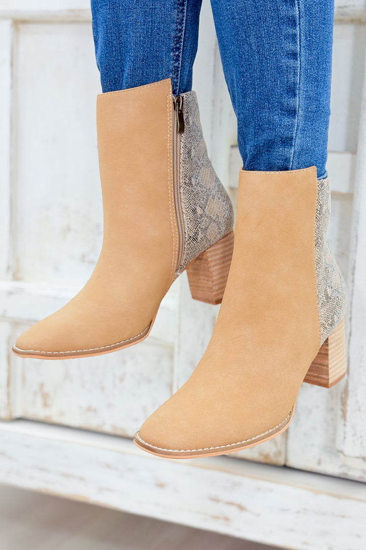 Jennifer Two Tone Semi Square Toe Ankle Boots - Camel Python