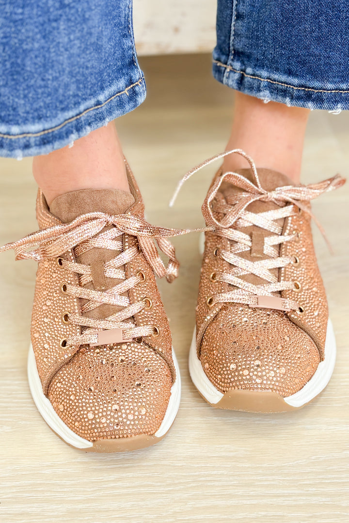Stride Rhinestone Platform Sneakers - Rose Gold