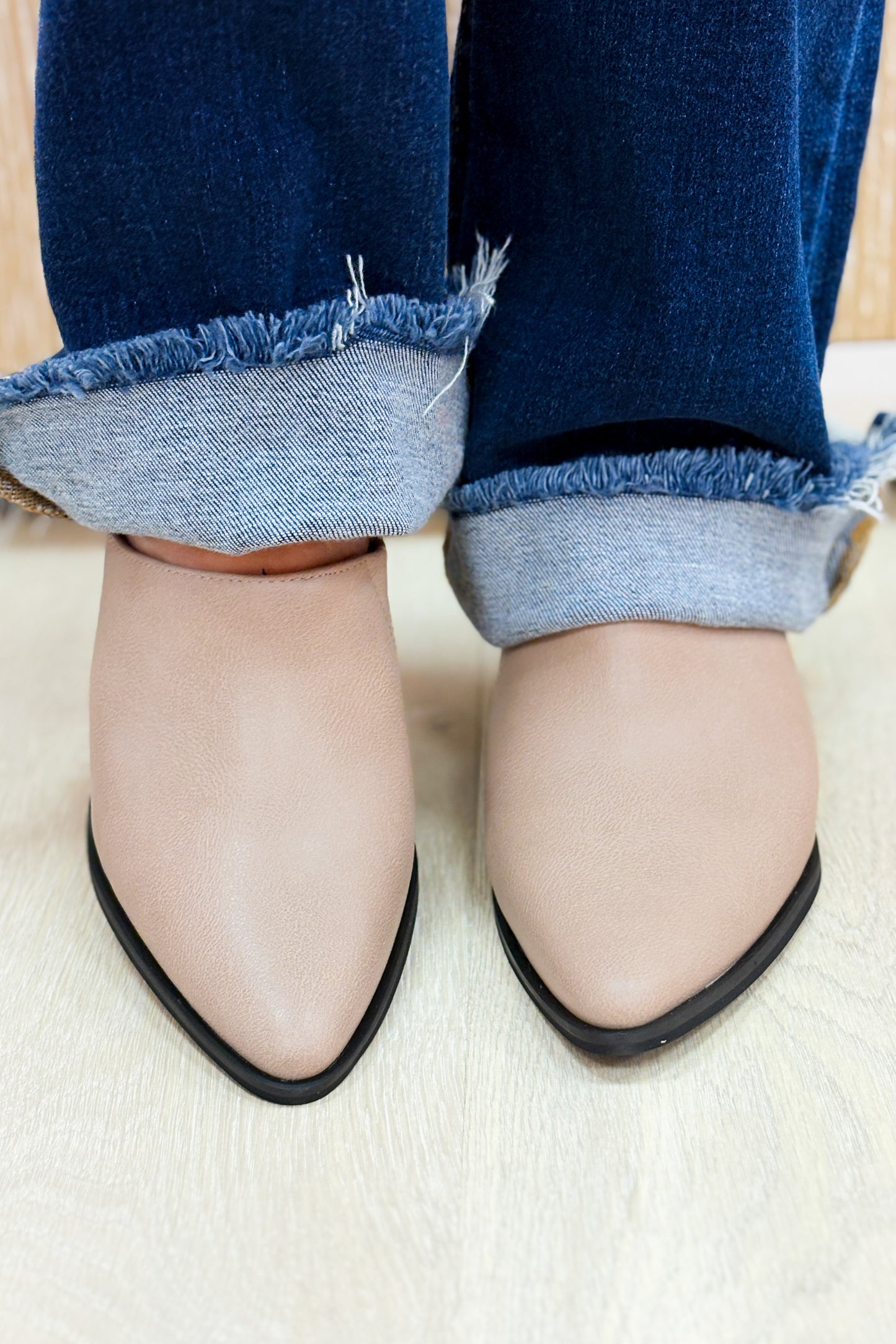 Gina Pointed Block Heel Mules - Taupe