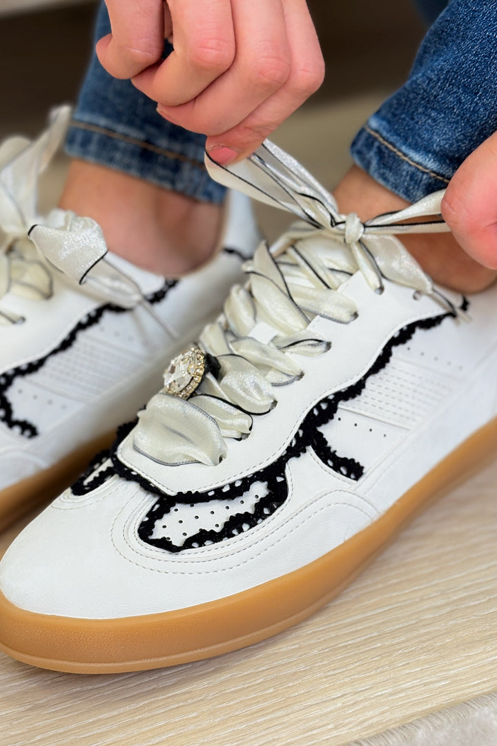 Eleanor Lace Trim Sneakers - White Black