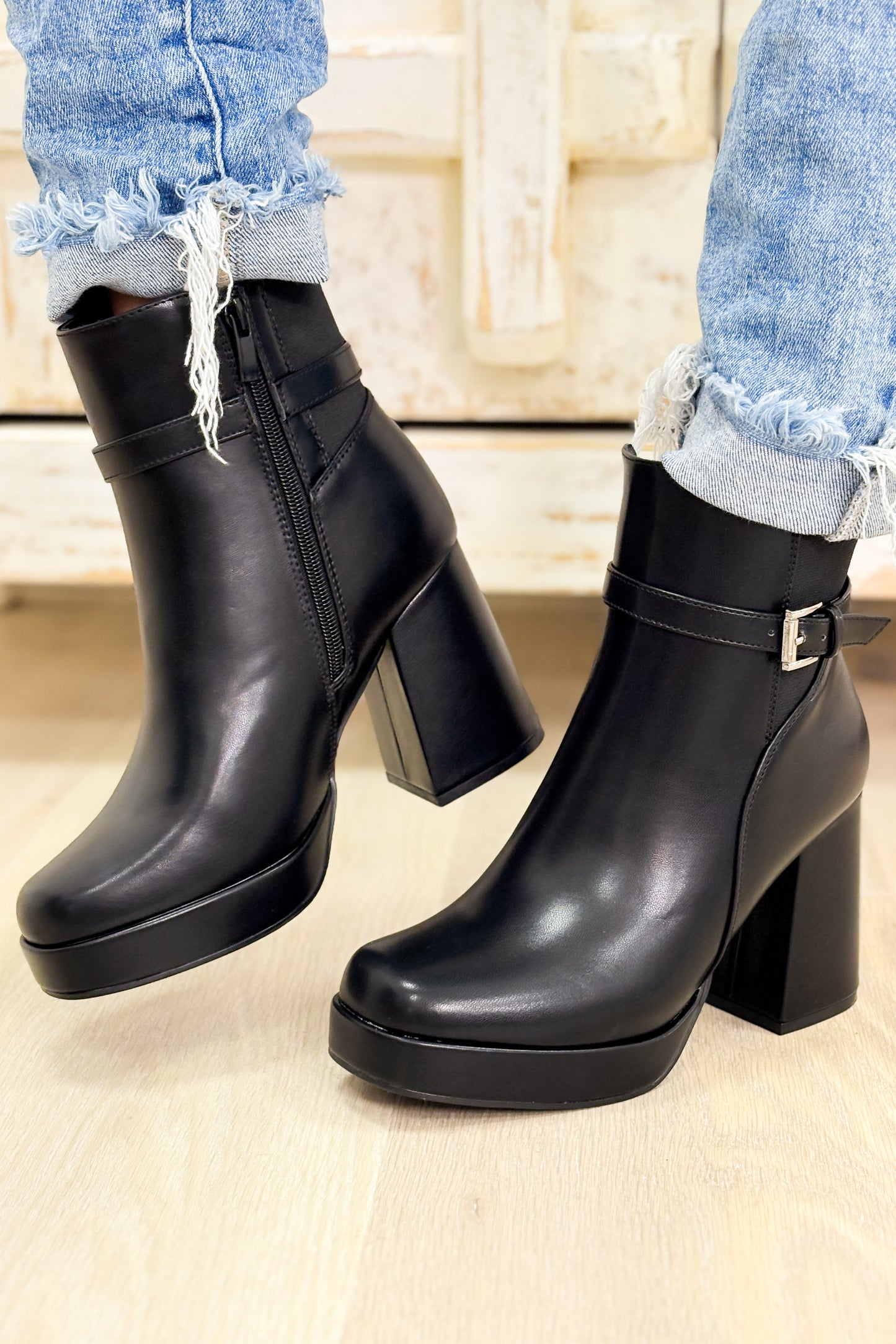 Dover Buckle Platform Booties - Black