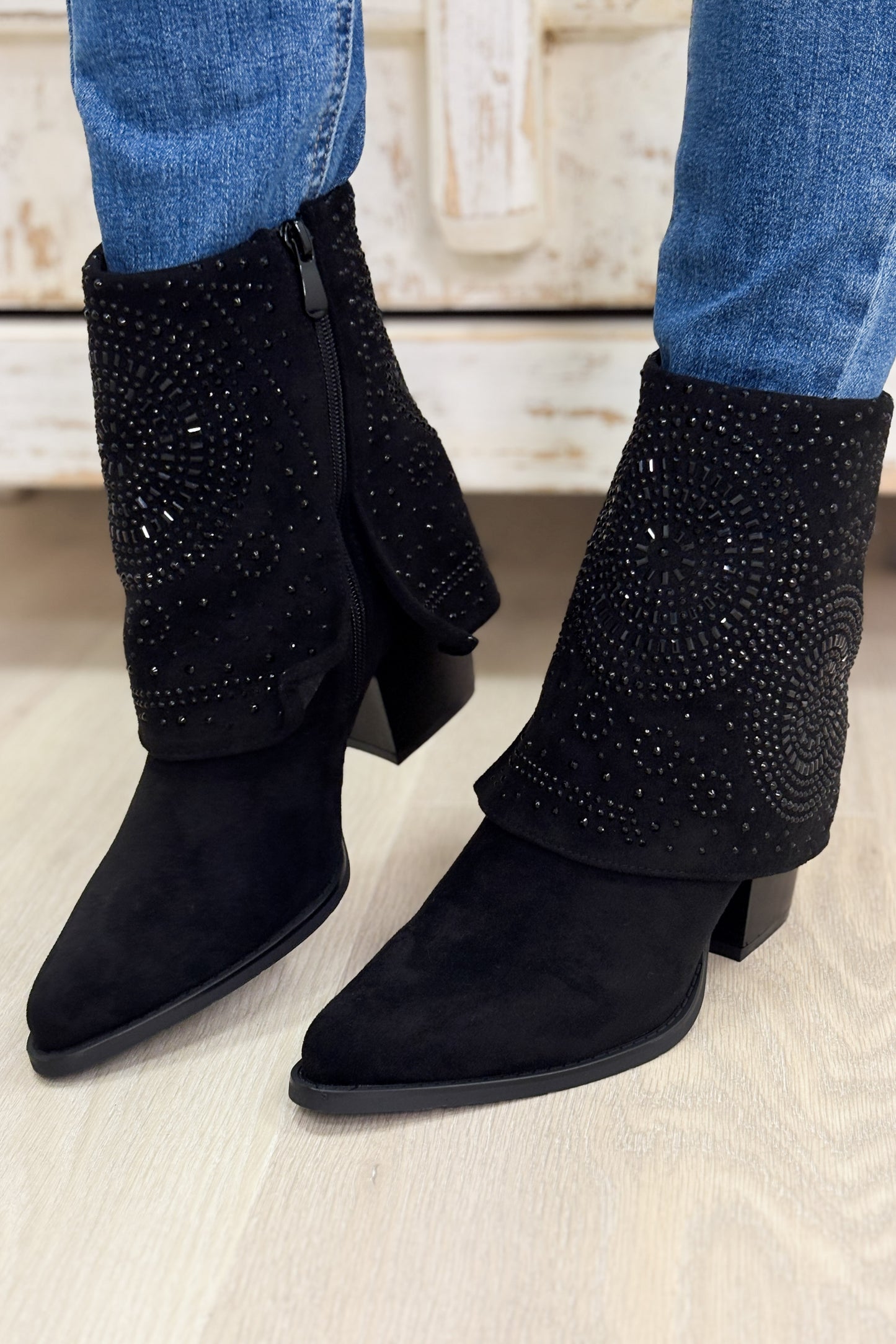 Kaia Fold Over Studded Boots - Black
