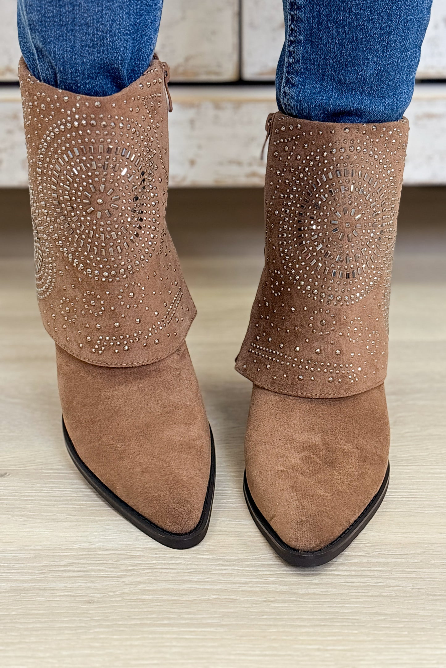 Kaia Fold Over Studded Boots - Taupe