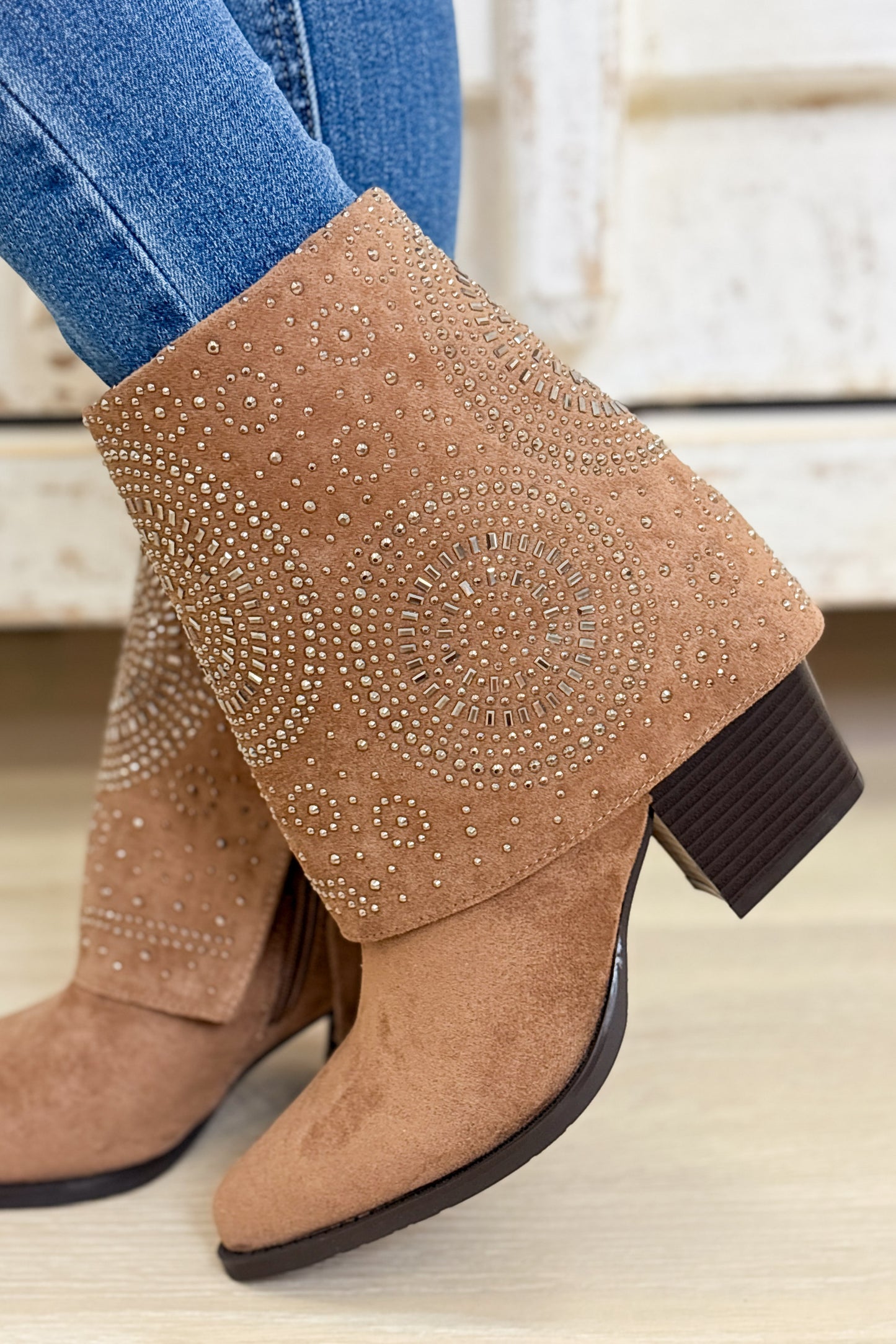 Kaia Fold Over Studded Boots - Taupe