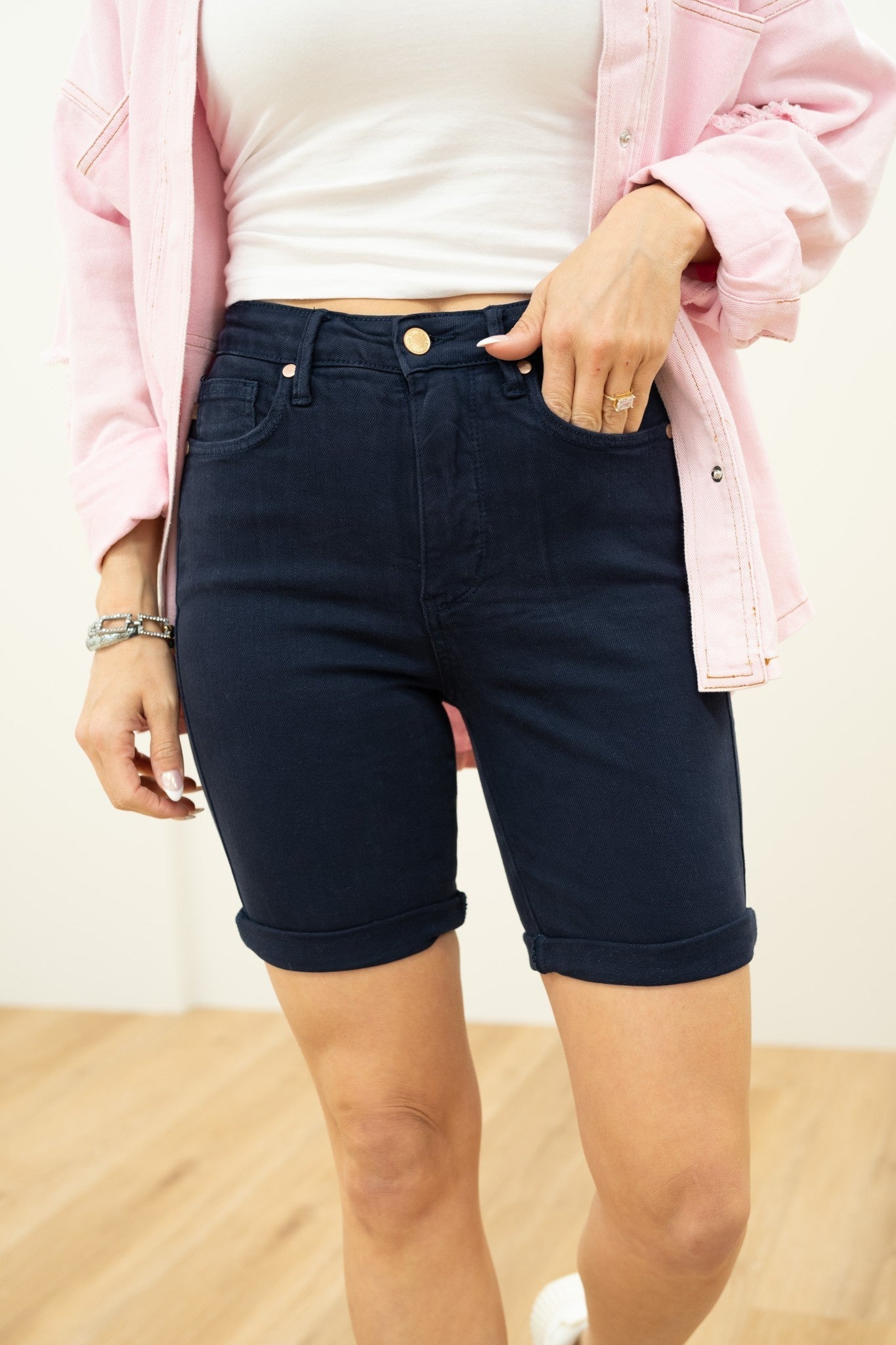 Judy Blue Babe Watch High Rise Tummy Control Bermuda Shorts - Navy