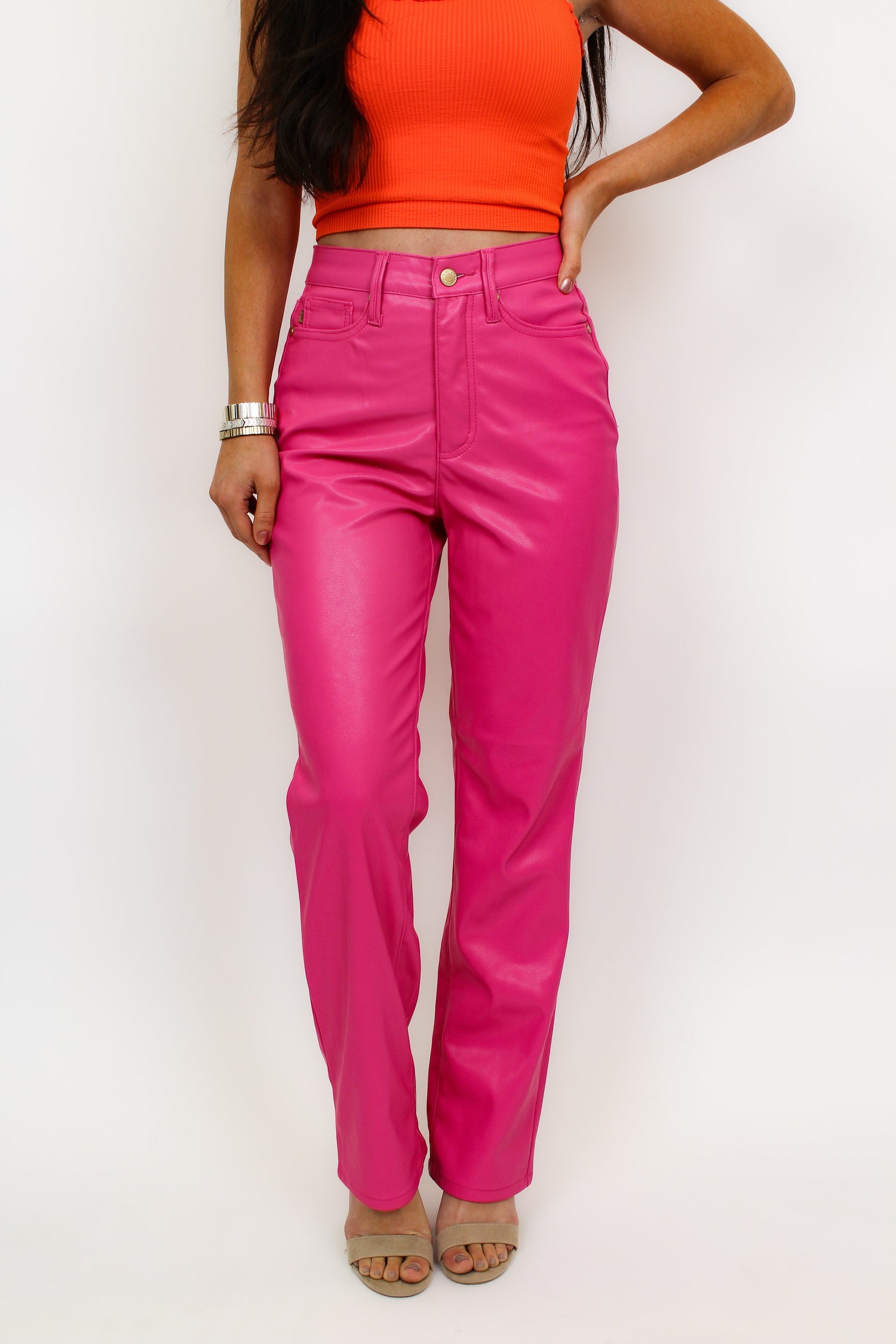 Judy Blue Barbie Girl Tummy Control Faux Leather Pants - Hot Pink