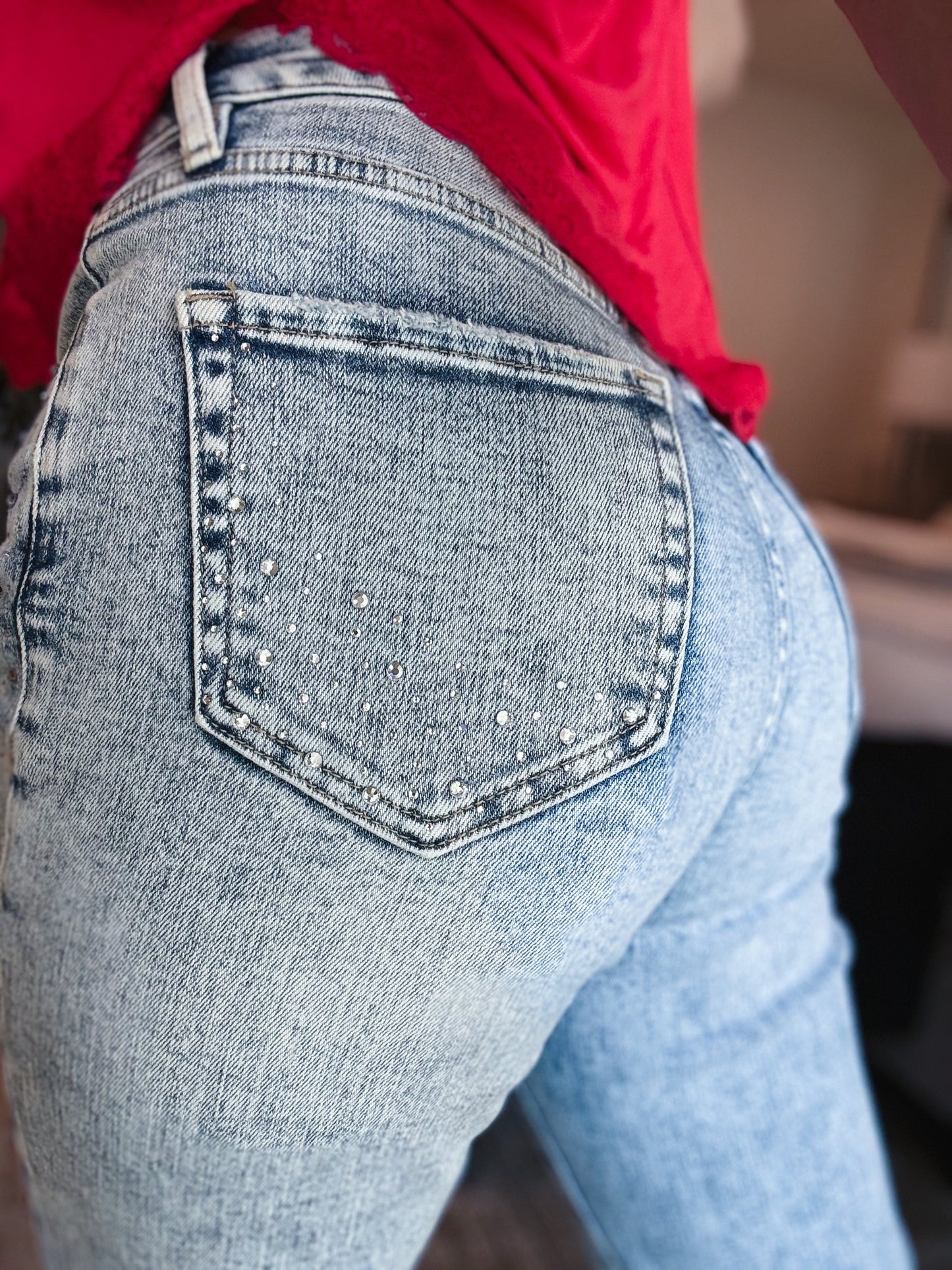 Shimmer Down Now By Mica - Mid Rise Distressed Embellished Jeans