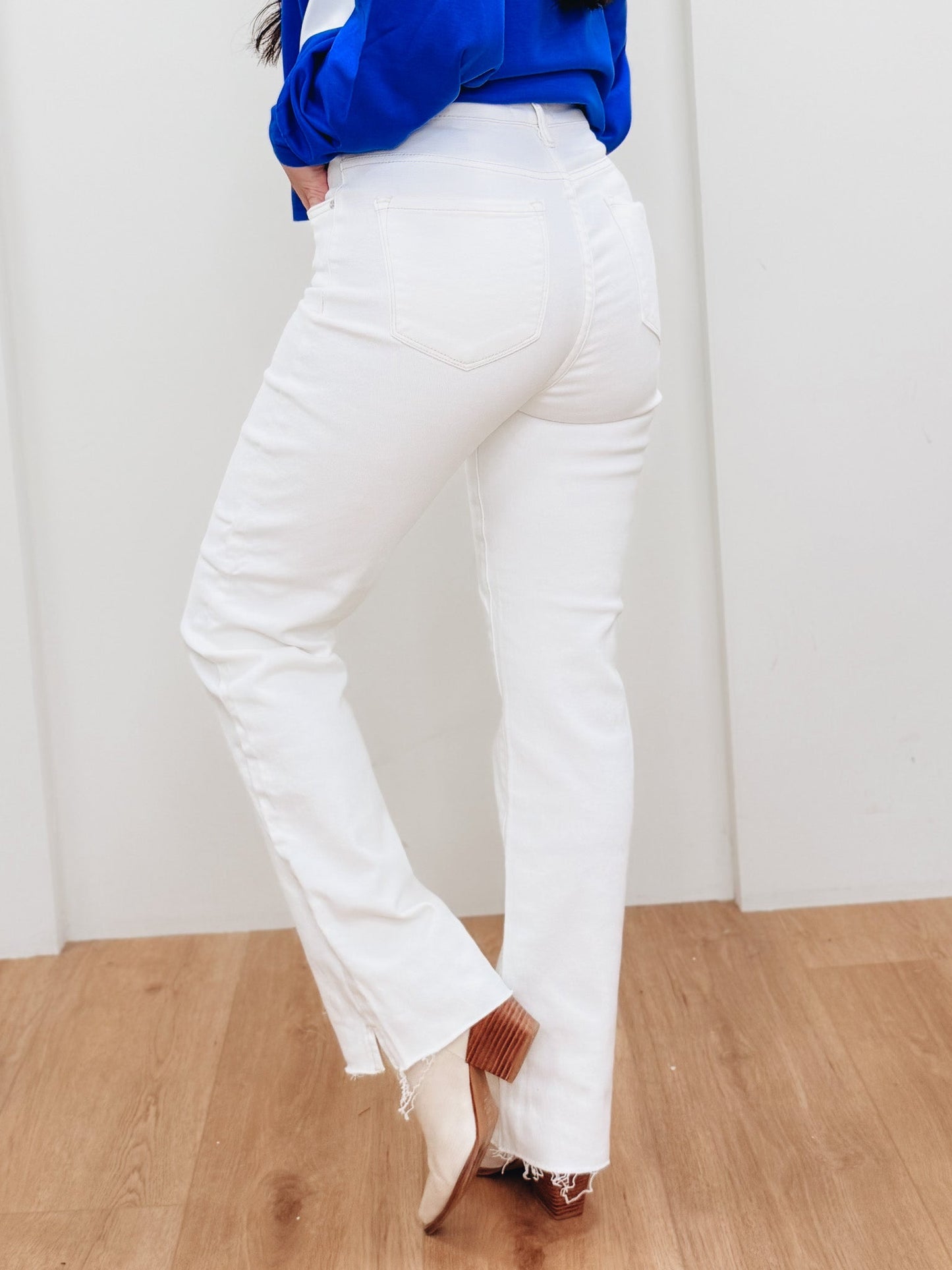 Soft Served By Risen - High Rise Tummy Control Straight Leg Raw Hem Jeans - Cream