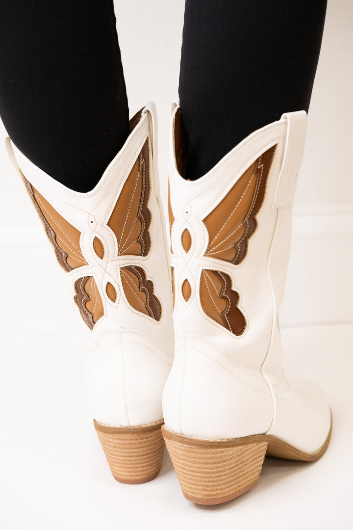 Sunny Butterfly Cutout Cowboy Boots - White