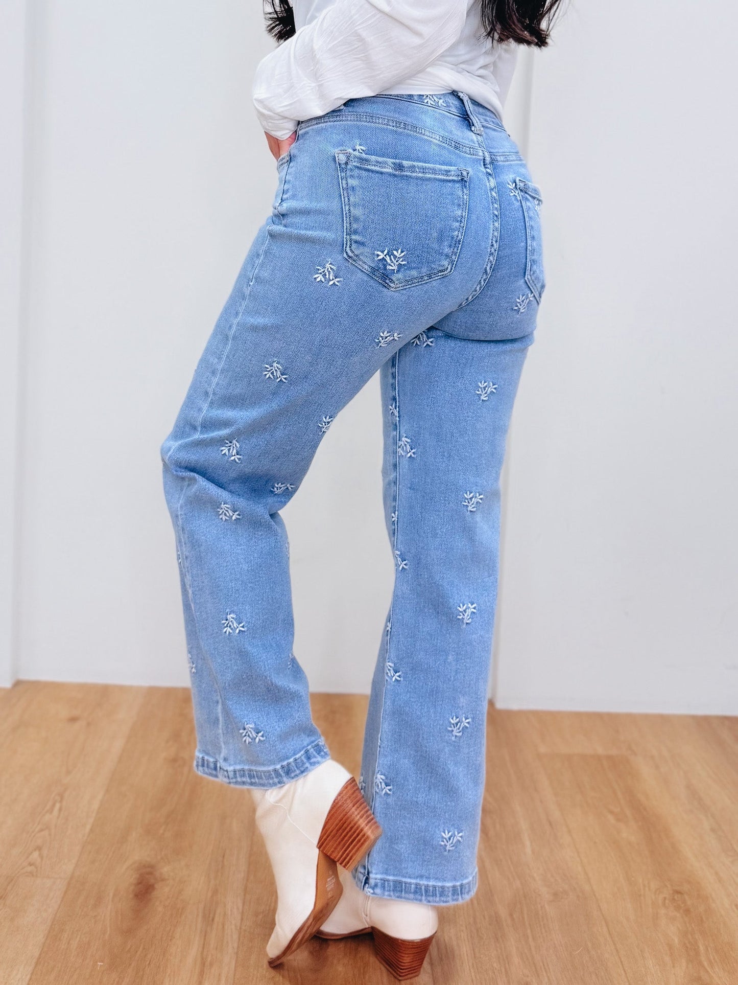 The Dreamer By Risen - High Rise Wide Leg Embroidered Jeans-Light