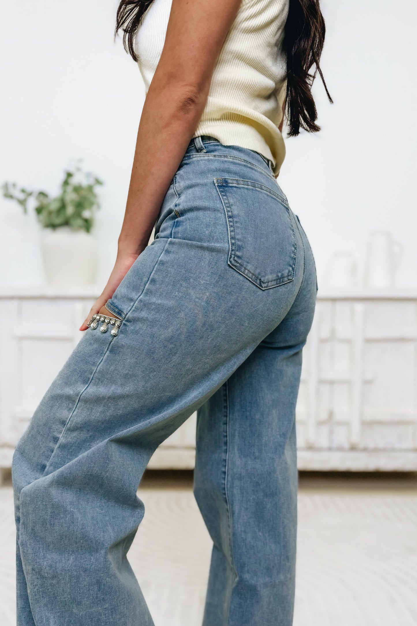 Crystal Cut By Blue B. - Mid Rise Crystal Slit Wide Leg Jeans - 2 Colors!