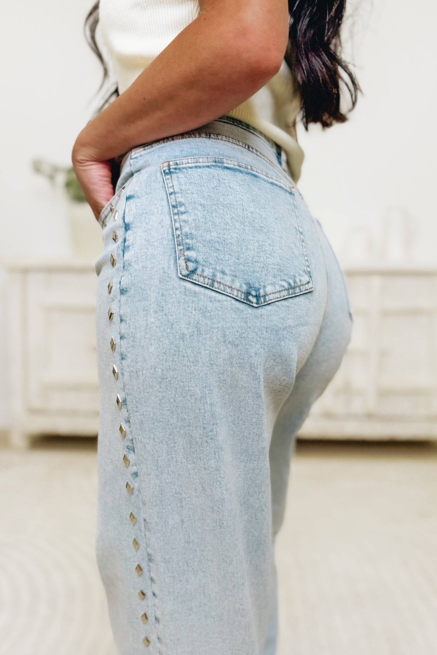 Grit & Glitter By Blue B. - Mid Rise Diamond Studded Straight Leg Jeans - Light Wash