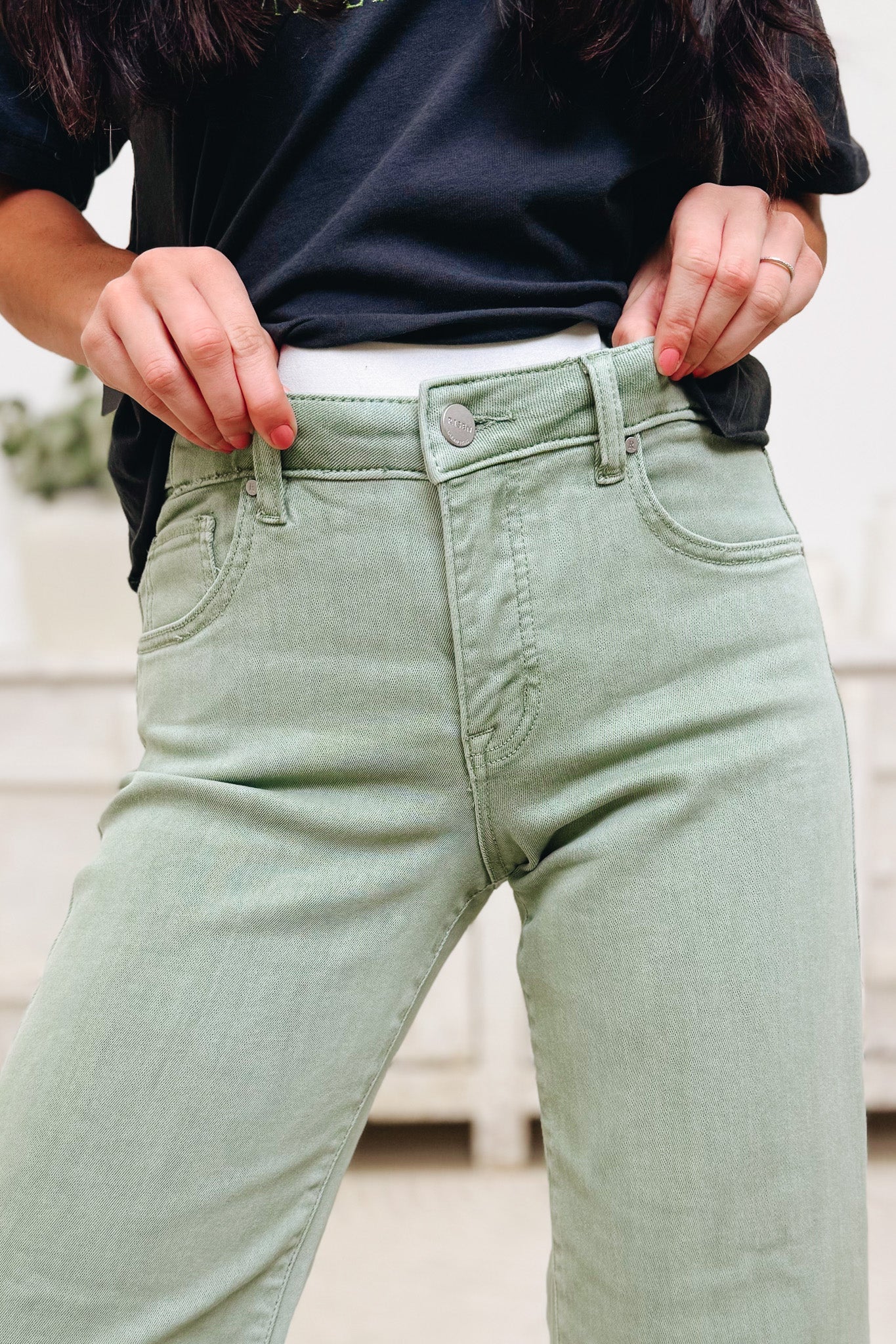 Clocked In By Risen - Mid Rise Tummy Control Adjustable Waistband Jeans - Olive
