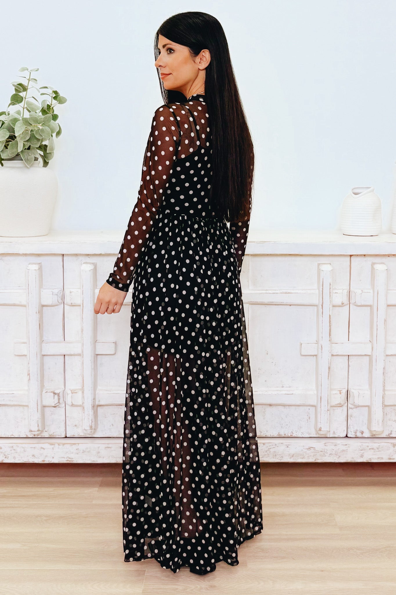 On The Spot Polka Dot Mesh Maxi Dress