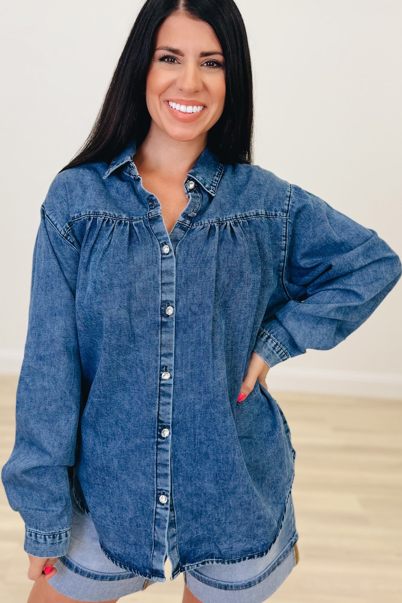 Keep Your Head Up Denim Button Down Top