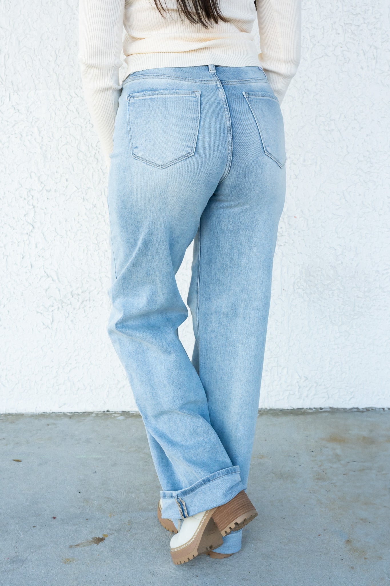 The Genie By Risen - High Rise Tummy Control Wide leg Cuffed Jeans - Light