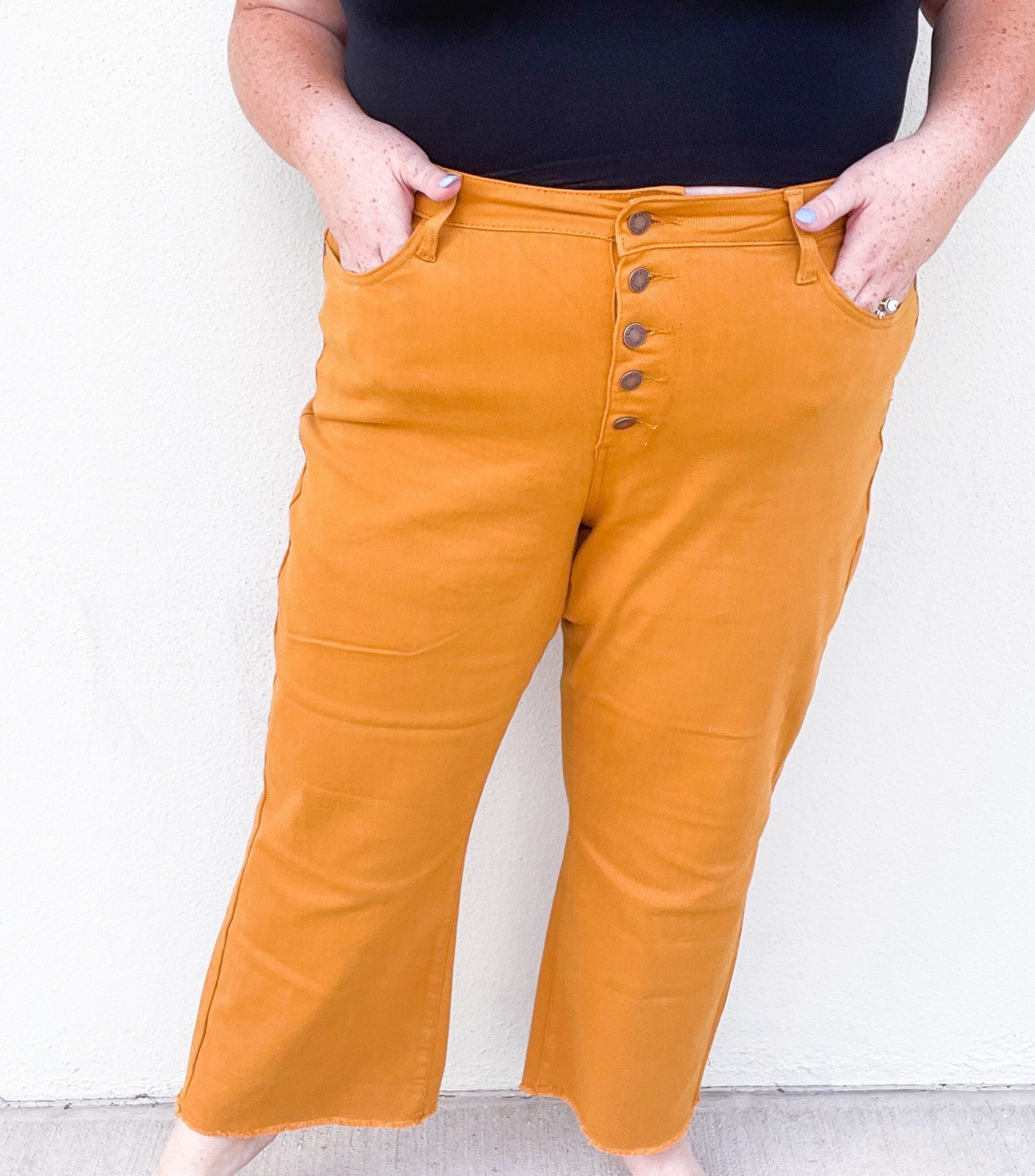 Judy Blue Monica High Rise Cropped Button Fly Jeans - Mustard