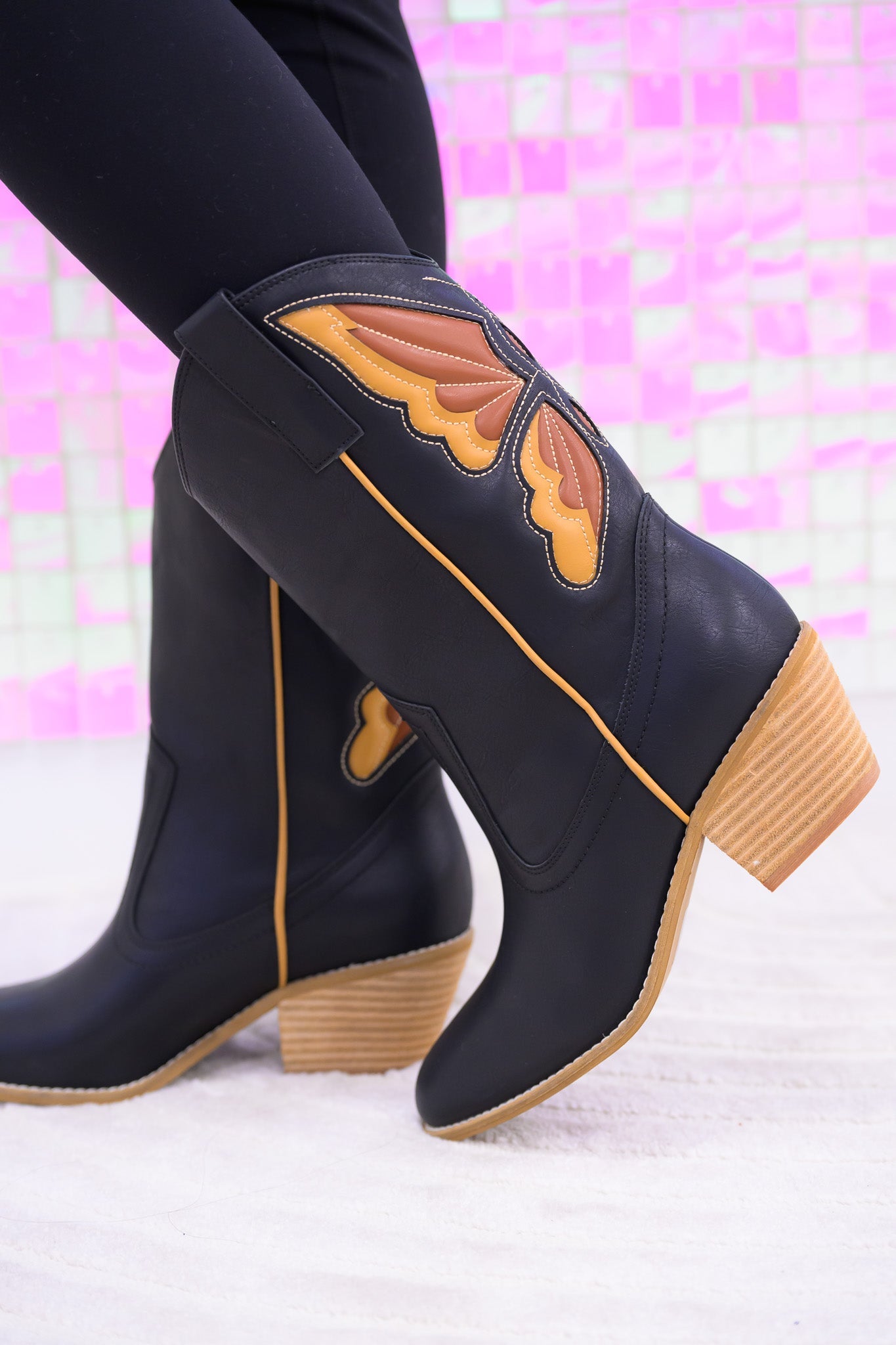 Sunny Butterfly Cutout Cowboy Boots - Black