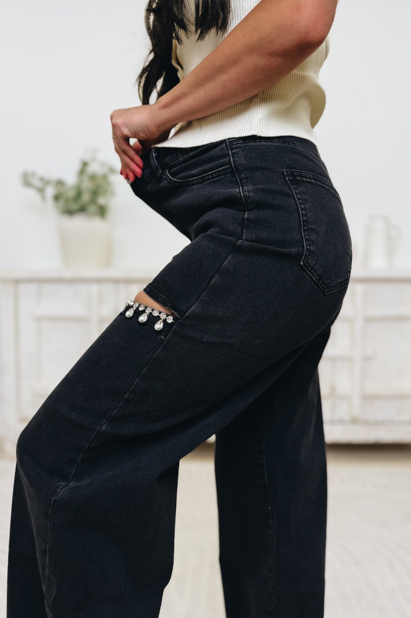 Crystal Cut By Blue B. - Mid Rise Crystal Slit Wide Leg Jeans - 2 Colors!