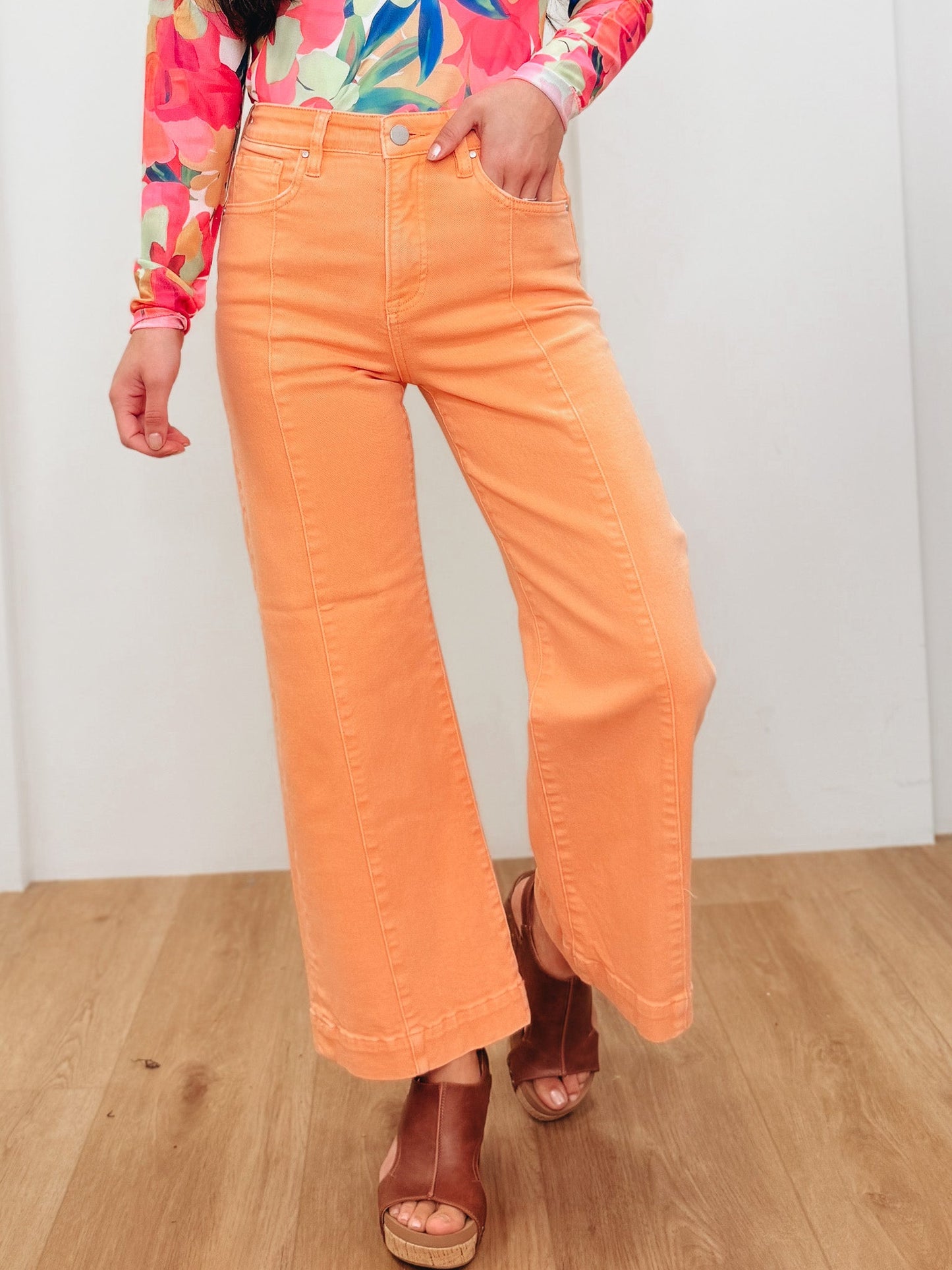 The Icon By Risen - High Rise Tummy Control Wide Leg Jeans - Coral Peach