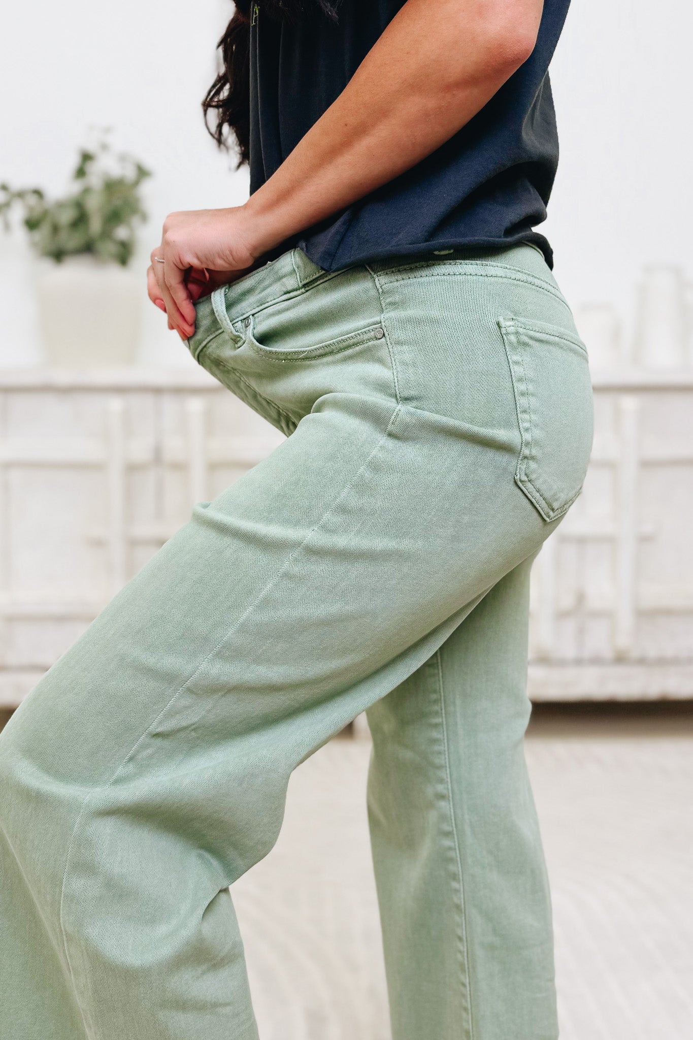 Clocked In By Risen - Mid Rise Tummy Control Adjustable Waistband Jeans - Olive