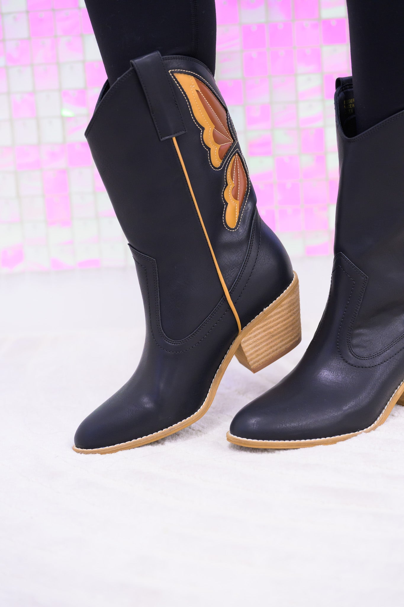 Sunny Butterfly Cutout Cowboy Boots - Black