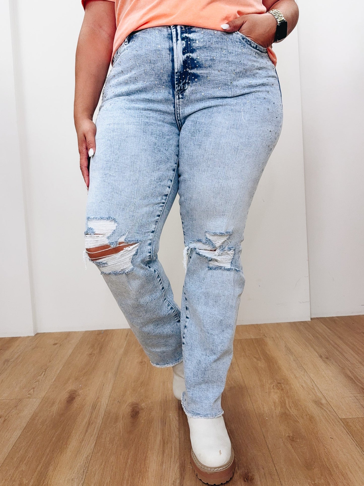 Shimmer Down Now By Mica - Mid Rise Distressed Embellished Jeans