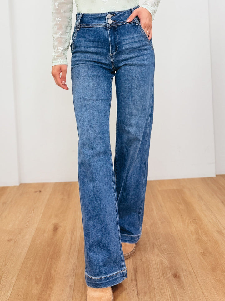 How Sweet It Is By Risen - High Rise Tummy Control Wide Leg Double Button Jeans - Dark