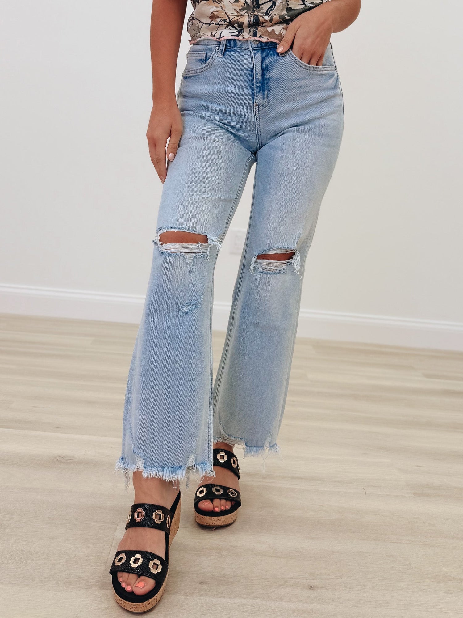 Lookin For Love By Mica - Distressed Wide Leg Jeans - Ice Medium Blue