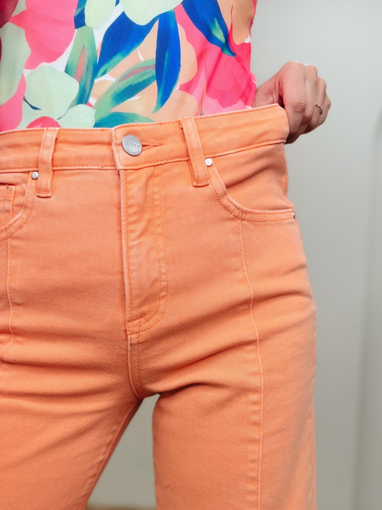 The Icon By Risen - High Rise Tummy Control Wide Leg Jeans - Coral Peach