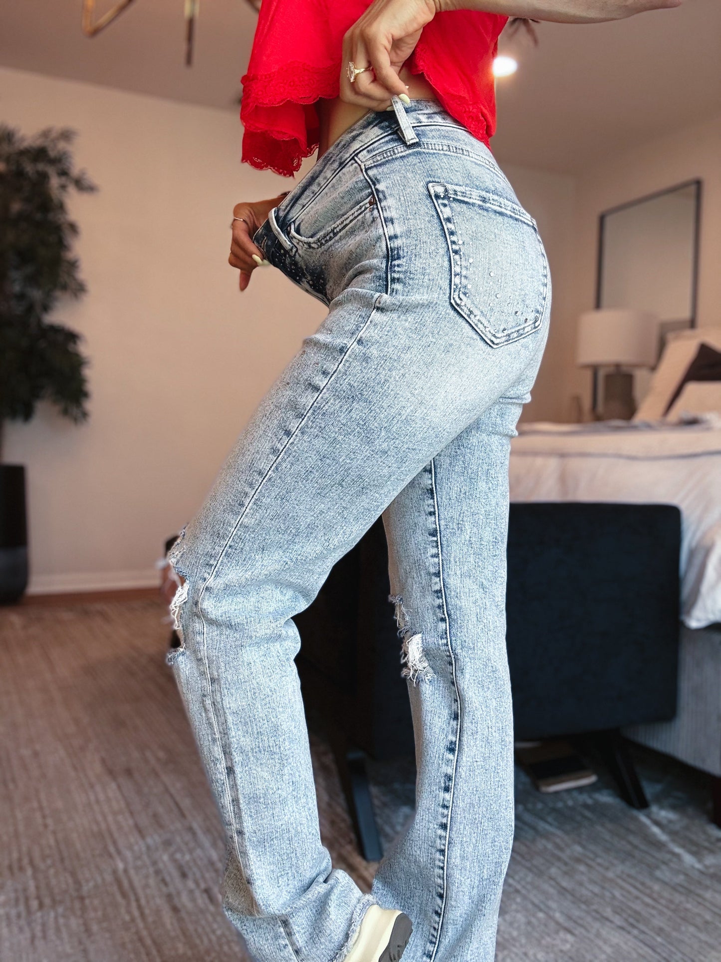 Shimmer Down Now By Mica - Mid Rise Distressed Embellished Jeans