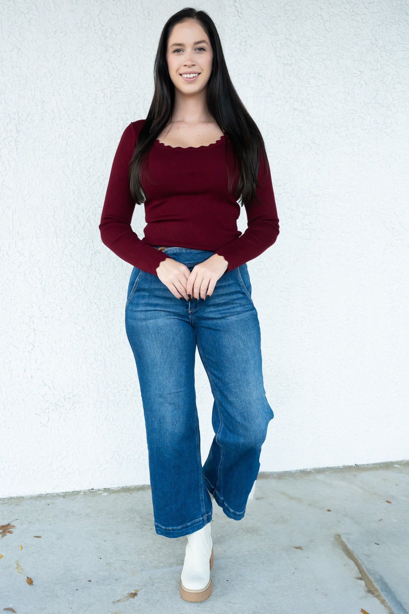 Hips Don't Lie By Risen - High Rise Tummy Control Crop Wide Leg Jeans- Dark