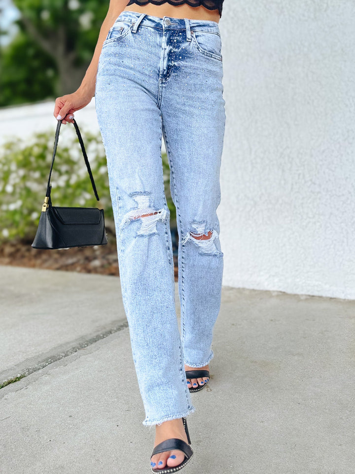 Shimmer Down Now By Mica - Mid Rise Distressed Embellished Jeans