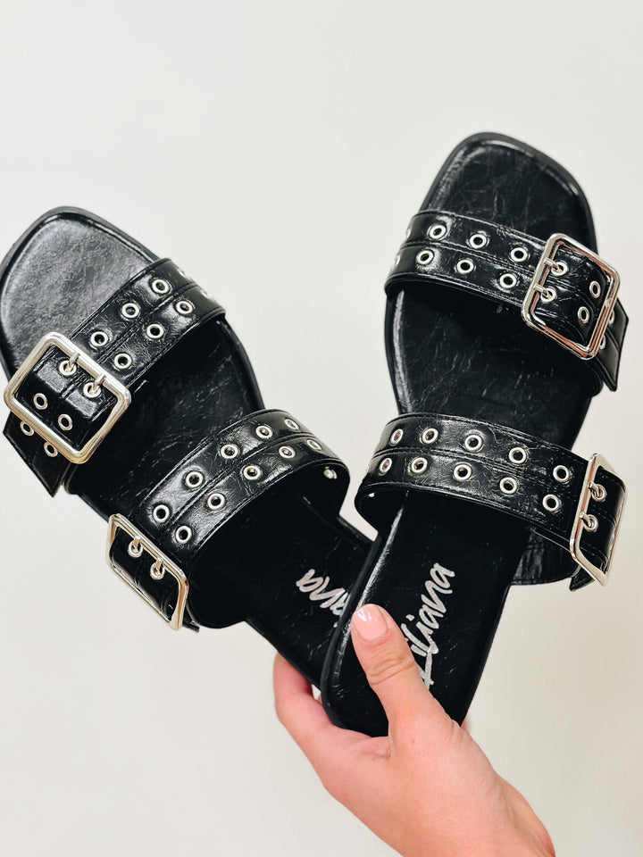 Robin Buckle Straps Flat Sandals - Black