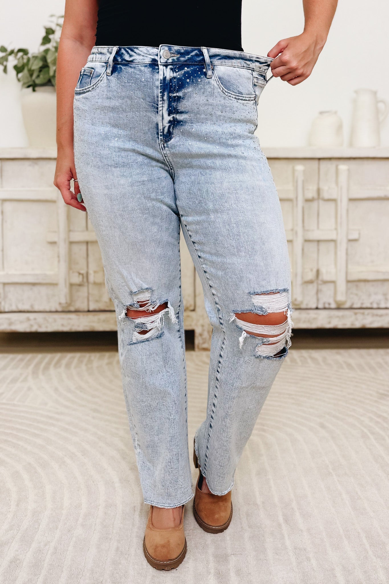 Shimmer Down Now By Mica - Mid Rise Distressed Embellished Jeans